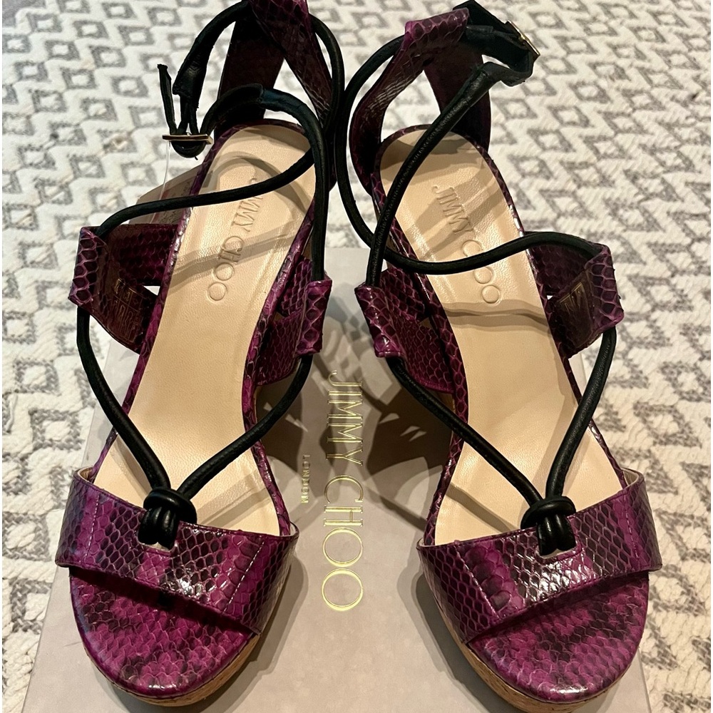 JIMMY CHOO Nelson 100 Madeline Elaphe Cork Wedges Platform Sandals